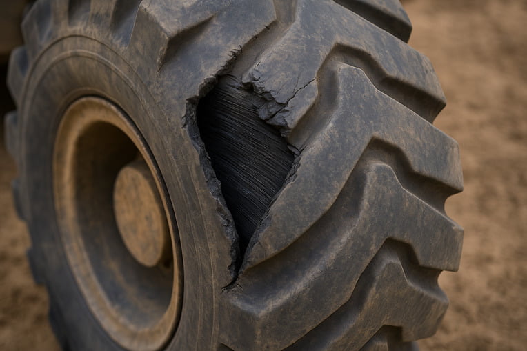 A close-up of a deep cut in the sidewall of a large industrial tire