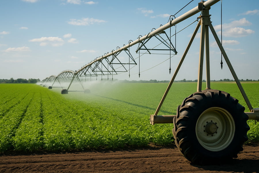 A modern center-pivot irrigation system watering a vast circular field
