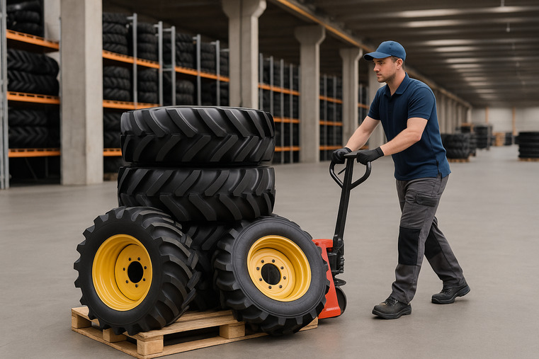 A warehouse worker moving a stack of fully assembled industrial wheels, ready for installation