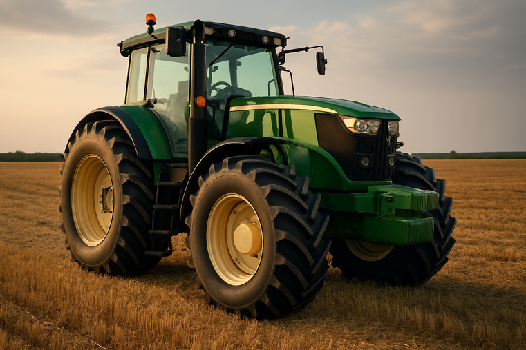 A modern tractor with large tires parked in a field, ready for work