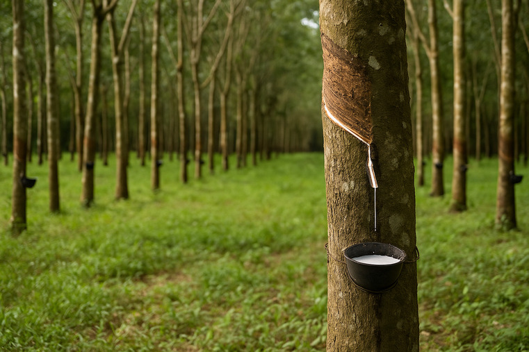 A field of rubber trees being tapped for latex