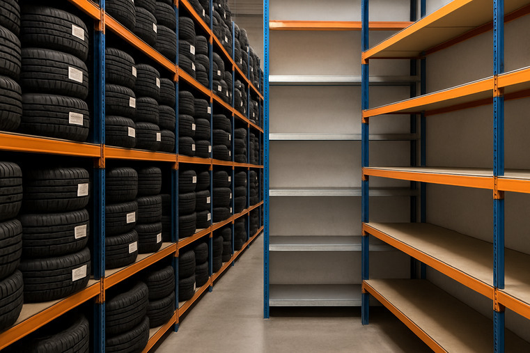 An image showing a full, well-organized tire warehouse on one side and empty shelves on the other
