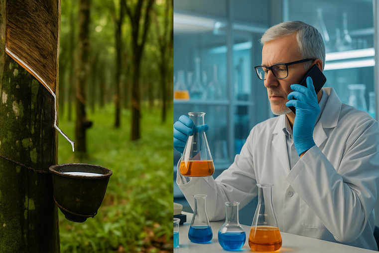An image contrasting a rubber tree plantation with a modern science laboratory