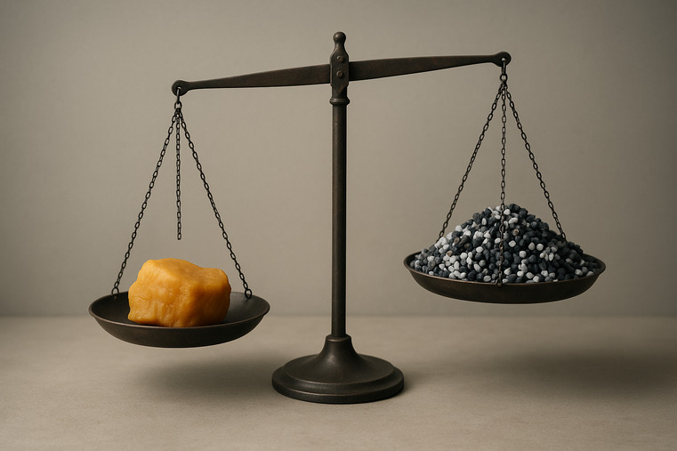 An unbalanced scale with a small piece of natural rubber on one side outweighing a larger pile of other synthetic materials on the other