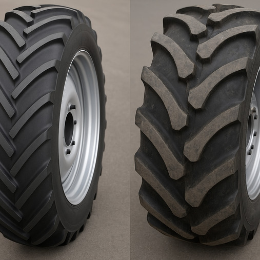 A close-up comparison shot showing the tread of an irrigation tire next to a tractor tire