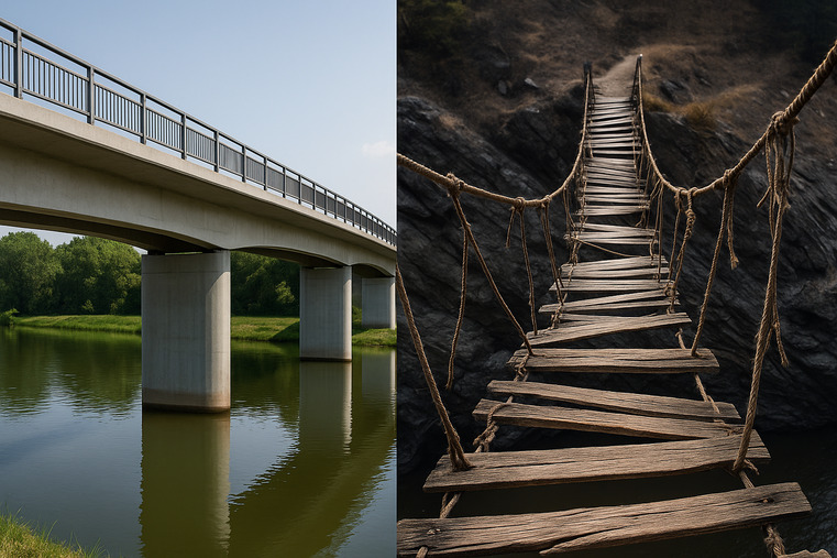 A simple, stable bridge on the left contrasted with a rickety, collapsing rope bridge on the right, labeled "Stable Cost" and "Low Price"