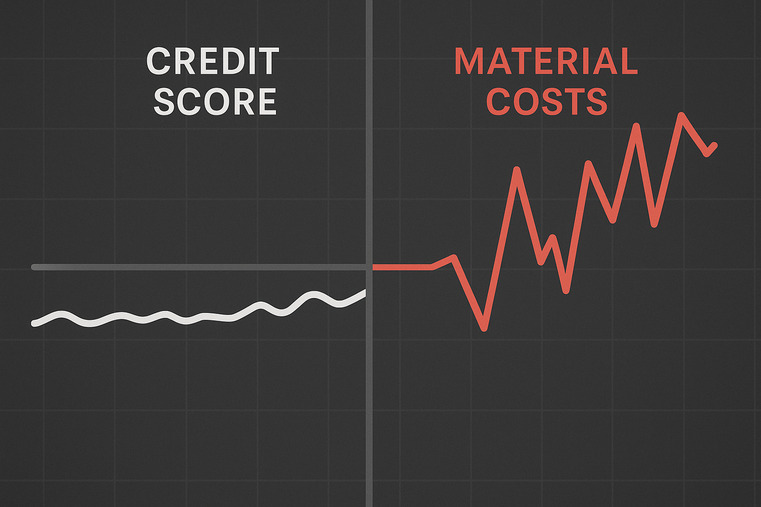 A graph showing a stable credit score line, while a jagged, volatile material cost line crashes through it