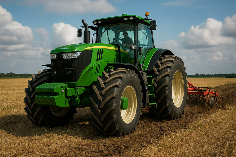 A modern tractor in a field with large, specialized aftermarket tires
