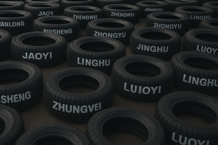 An endless sea of tires, each with a different, generic-looking logo on the sidewall