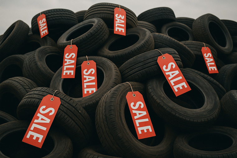 A massive pile of tires with large, red "SALE" tags, looking more like a scrap heap than a storefront