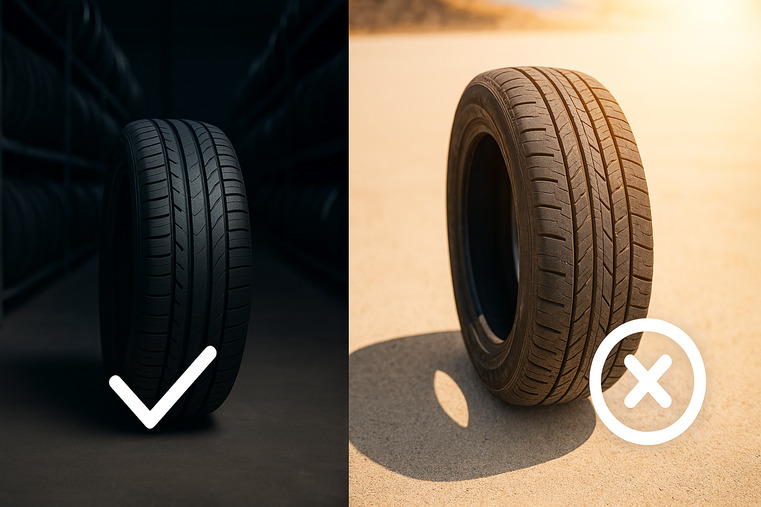 A tire in a cool, dark warehouse with a checkmark, contrasted with a tire baking in the sun with an X