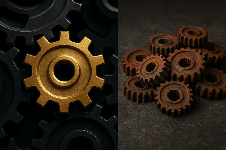 A single golden gear fitting perfectly into a machine, while a pile of cheap, rusty gears lies discarded nearby