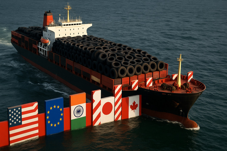 A massive container ship full of tires with flags of various countries placing tariff barriers in its path