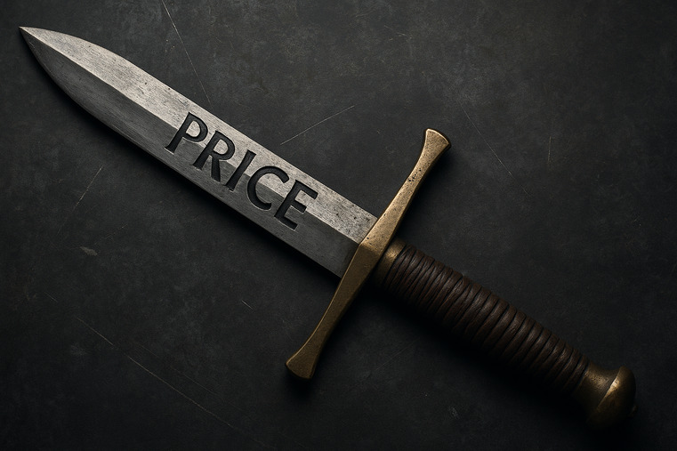 A double-edged sword with "Price" on one edge and "Tariffs" on the other, representing China's tire industry dilemma