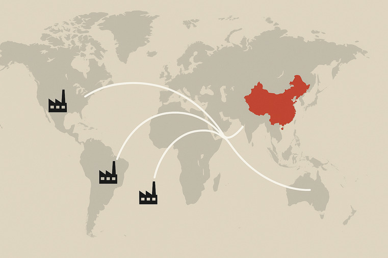 A world map with China at the center, connecting lines to factories in Southeast Asia, Mexico, and Morocco.