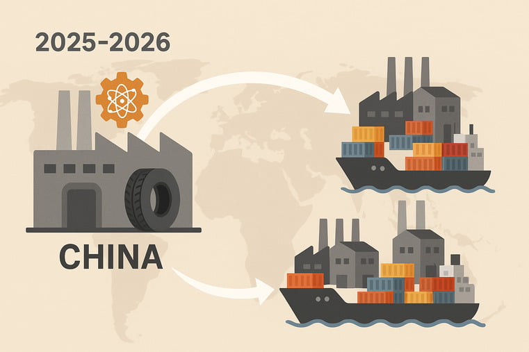 A graphic showing a factory in China with an R&D symbol, connected to factories in other countries which have shipping containers ready for export.