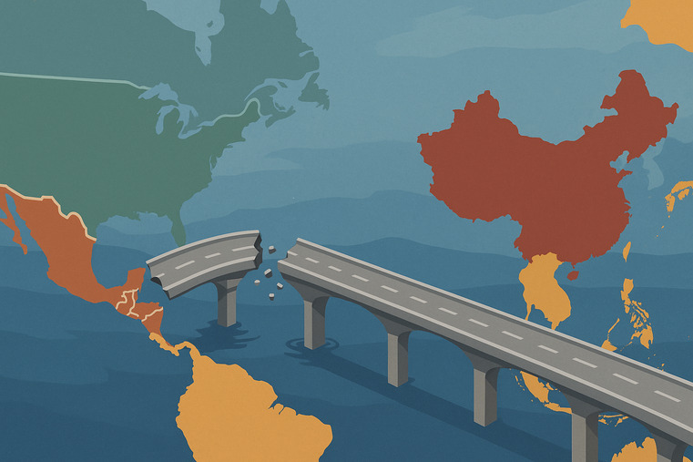 An image showing a map with a bridge from China to Mexico that is now cracked and broken, with a new, solid bridge being built from Southeast Asia to the U.S.