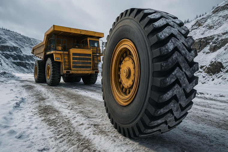 A large OTR tire on a mining truck in a snowy, rugged Russian landscape