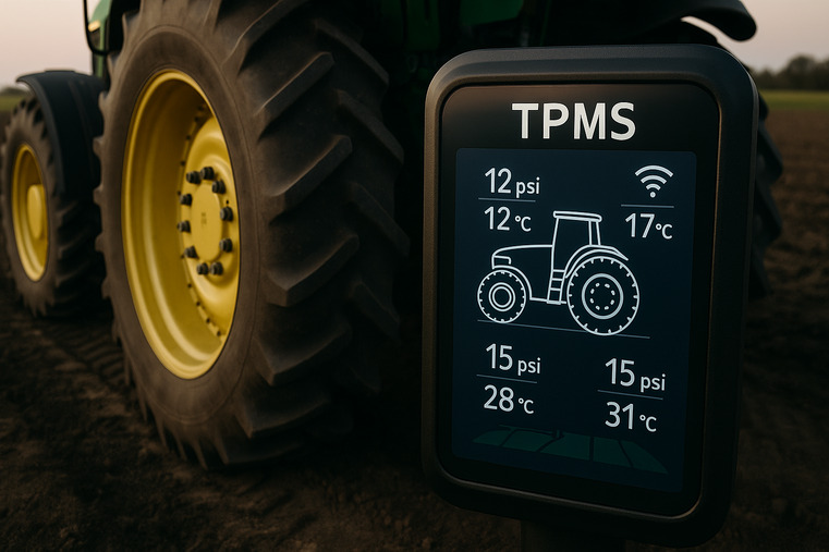 A digital interface showing TPMS data overlaid on an image of a tractor's tire