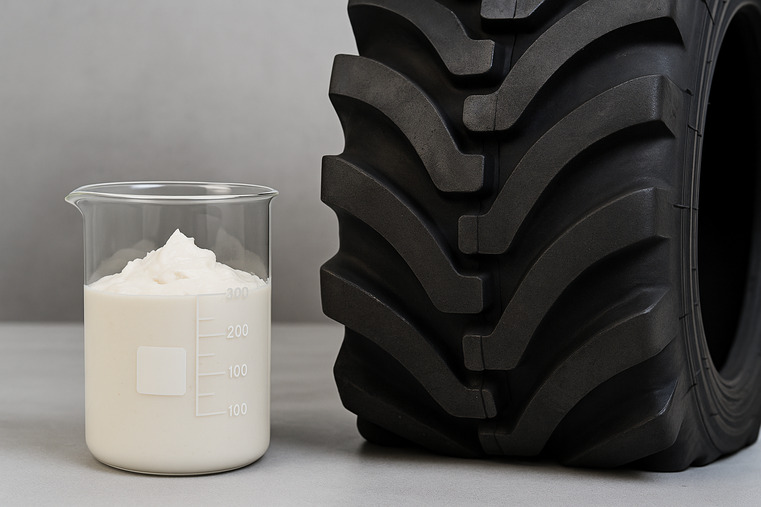 A laboratory beaker showing a synthetic rubber compound next to a large agricultural tire tread
