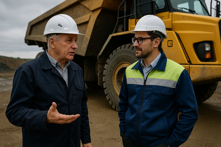 An engineer in a hard hat talking with a client next to a large earthmover vehicle