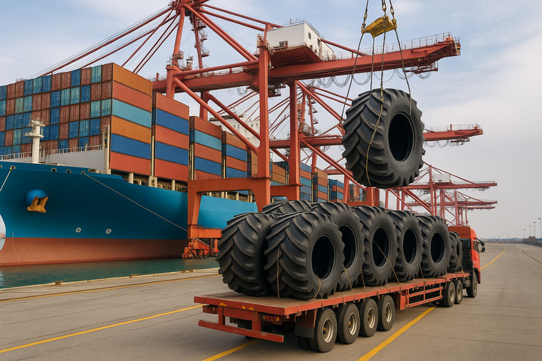 A large container ship being loaded with tires at a modern Chinese port