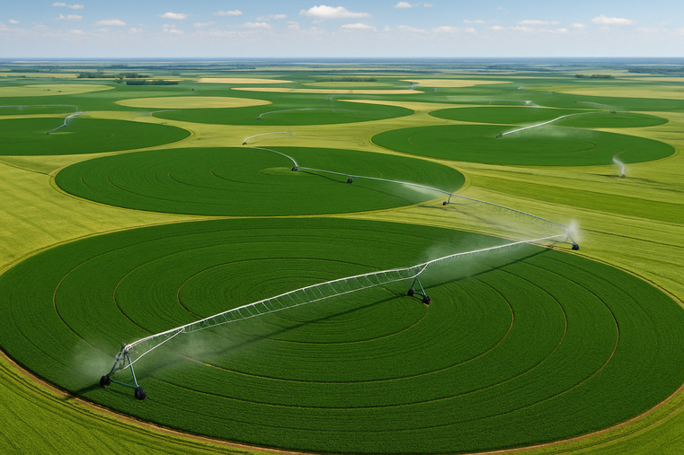 An aerial shot of a large agricultural area with multiple center-pivot irrigation systems in operation