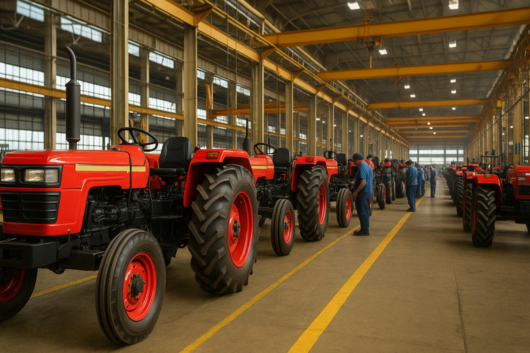 An assembly line of new tractors in an Indian OEM factory