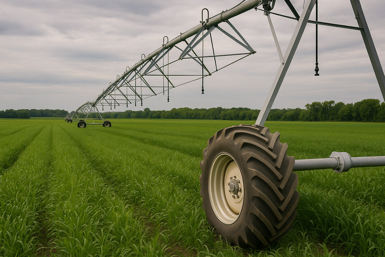 A panoramic view of a center-pivot irrigation system with specialized tires in a lush green field