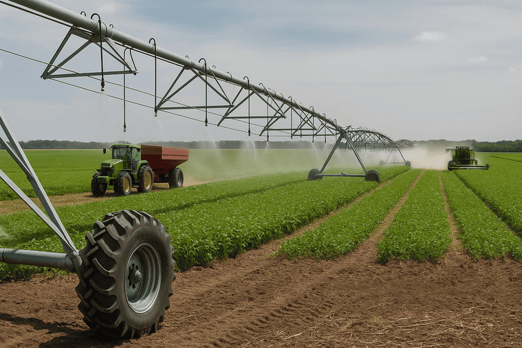 A modern farm with a large center-pivot irrigation system and other machinery working in the field.