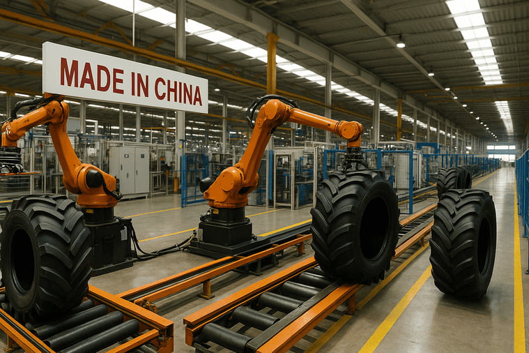 A modern tire manufacturing facility in China with robotic arms and a clean assembly line.
