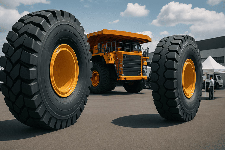 A massive mining haul truck equipped with giant OTR tires operating in a large open-pit mine.