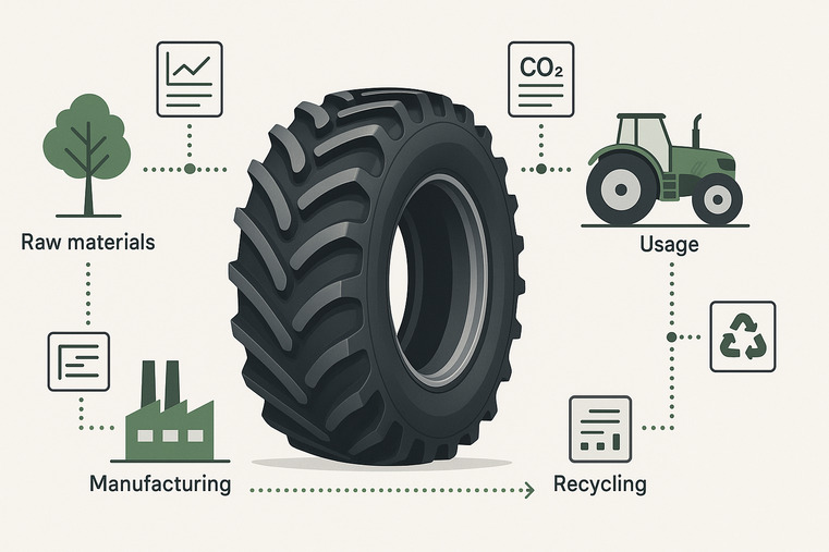 An infographic showing a tire's lifecycle from raw materials to recycling, with data points at each stage