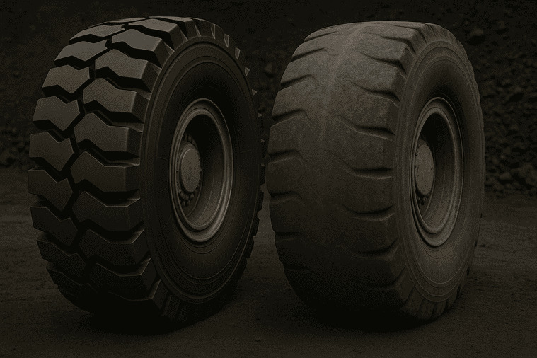 Two OTR tires side-by-side, one new and the other heavily worn, illustrating different lifespans.