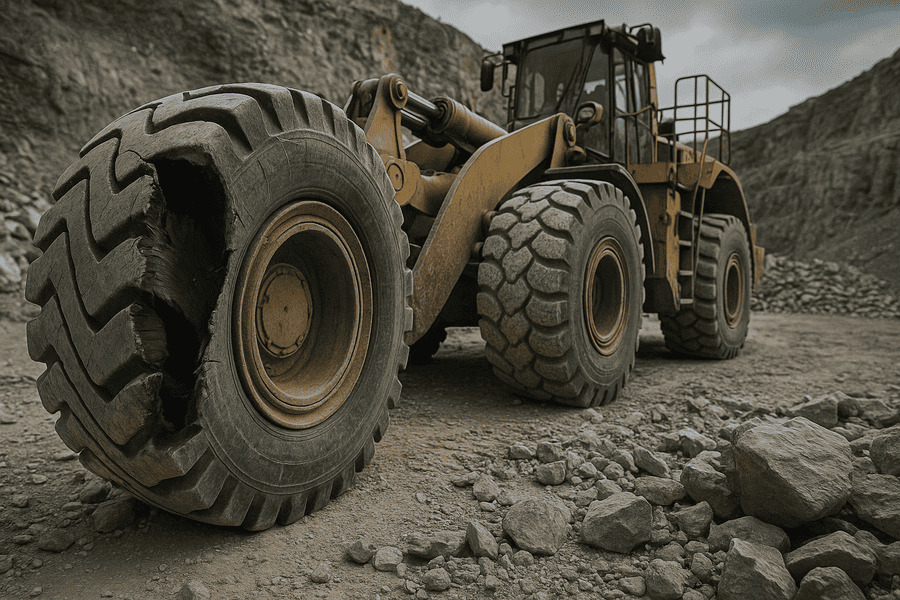 A failed OTR tire with a large gash on the sidewall, on a loader in a rocky quarry.