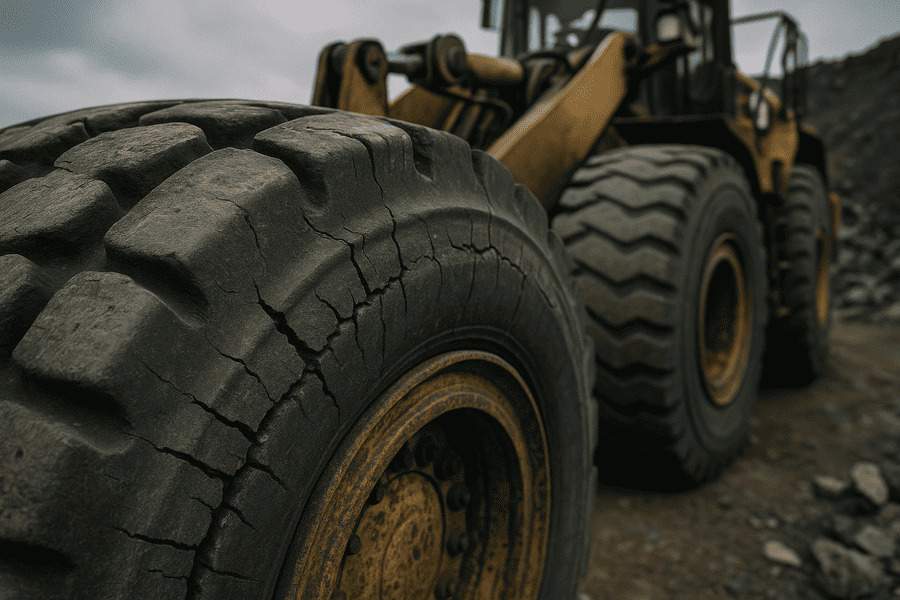 A close-up shot of a loader tire with visible cracks on the shoulder area.
