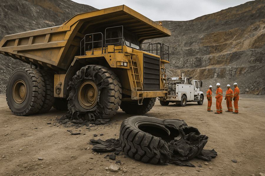 A massive haul truck in a mine, stopped with a completely shredded OTR tire, with a service crew nearby.