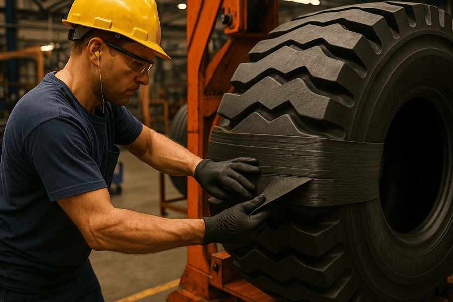 A factory worker manually applying layers to a large OTR tire carcass.