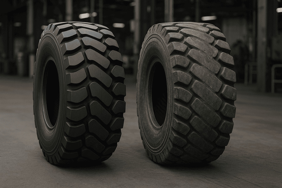 Two identical OTR tires side-by-side, with one showing significant wear.