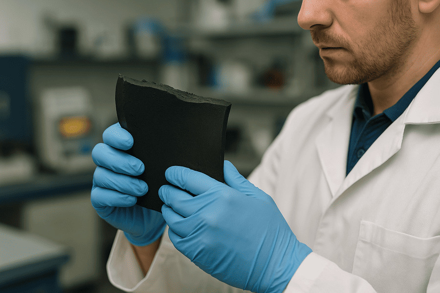 A lab technician inspecting a sample of black rubber.