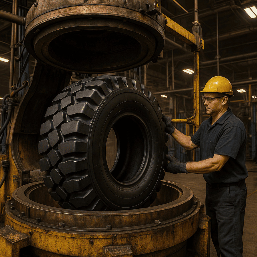 An OTR tire being carefully removed from a large industrial curing press mold.