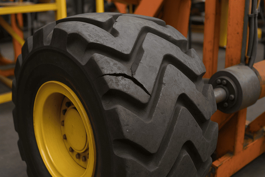 A large, uncured "green" OTR tire being assembled on a building drum.