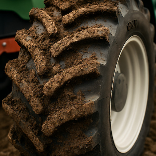 A close-up shot of an R-1W tire's deep lugs caked with rich soil