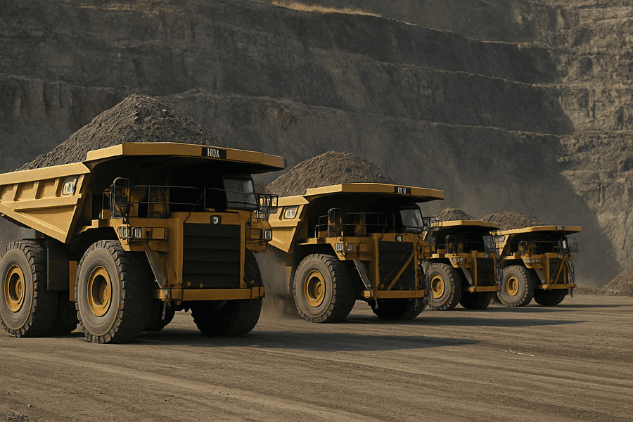 A fleet of large mining haul trucks lined up and working in a quarry.