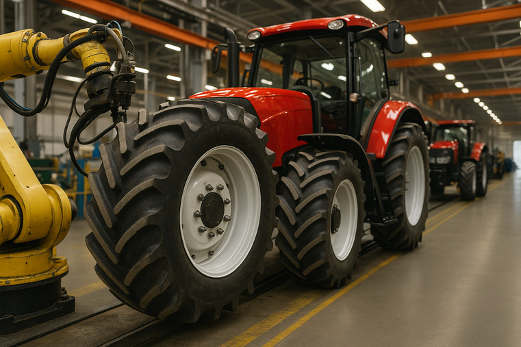 An OEM assembly line with a robot arm mounting a perfectly matched tire and wheel assembly onto a tractor chassis