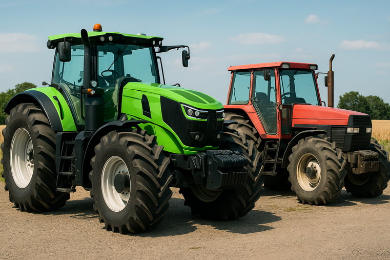 A modern, high-tech tractor next to a slightly older model, highlighting the rapid pace of change