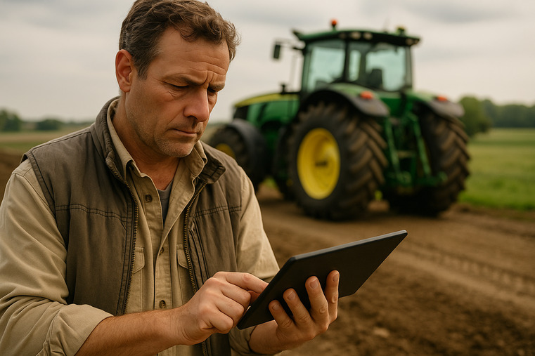 A farm manager using a tablet to analyze equipment performance data with a large tractor in the background