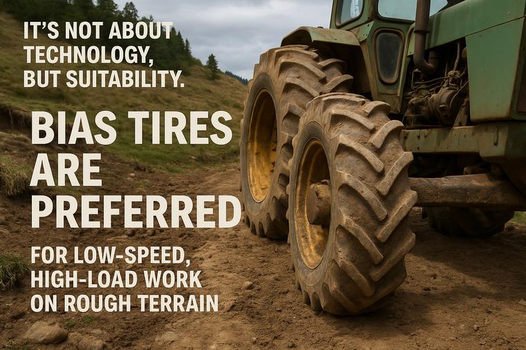 A bias-ply tire on a tractor in a rugged, rural setting