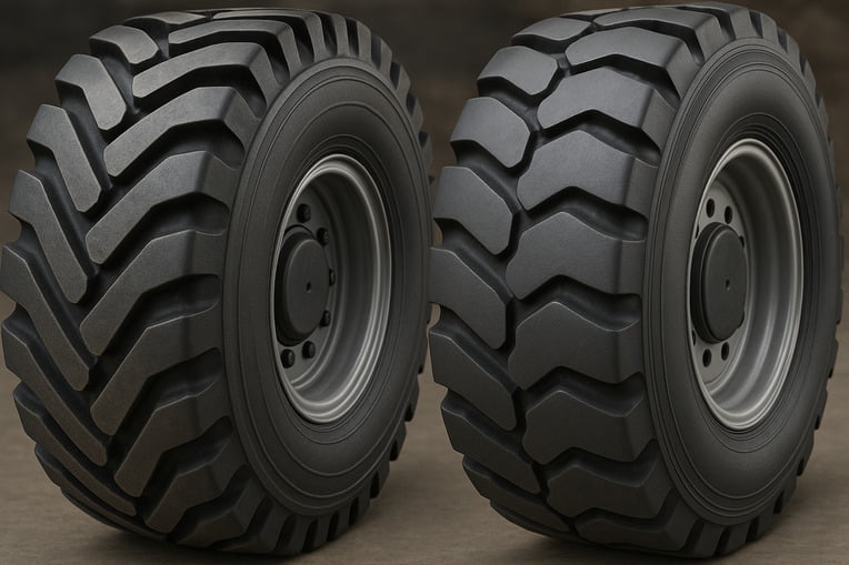 An earthmover tire with plenty of tread depth but a visible gash in its side