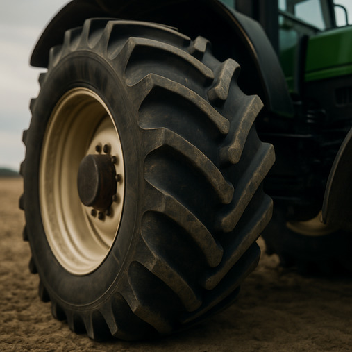 A close-up of an agricultural tire's thick tread and sidewall